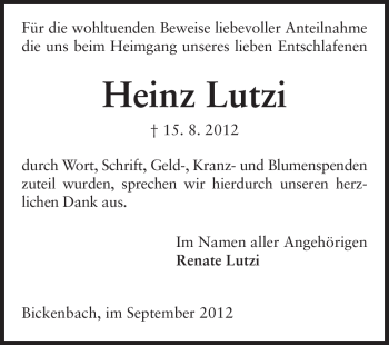 Traueranzeige von Heinz Lutzi von Echo-Zeitungen (Gesamtausgabe)
