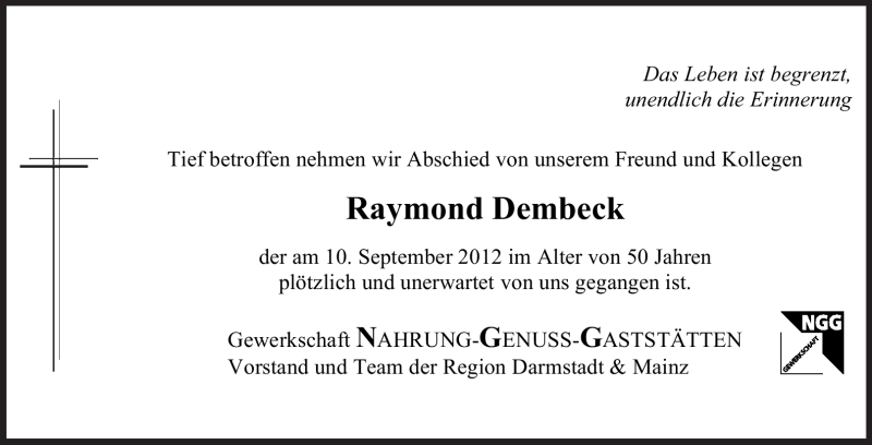  Traueranzeige für Raymond Dembeck vom 15.09.2012 aus Darmstädter Echo, Odenwälder Echo, Rüsselsheimer Echo, Groß-Gerauer-Echo, Ried Echo