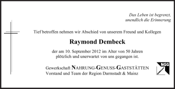 Traueranzeige von Raymond Dembeck von Darmstädter Echo, Odenwälder Echo, Rüsselsheimer Echo, Groß-Gerauer-Echo, Ried Echo
