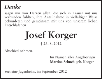 Traueranzeige von Josef Korger von Echo-Zeitungen (Gesamtausgabe)