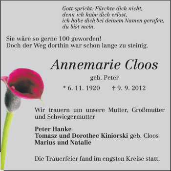 Traueranzeige von Annemarie Cloos von Darmstädter Echo, Odenwälder Echo, Rüsselsheimer Echo, Groß-Gerauer-Echo, Ried Echo