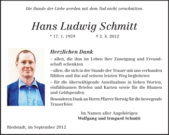 Traueranzeige von Hans Ludwig Schmitt von Rüsselsheimer Echo, Groß-Gerauer-Echo, Ried Echo