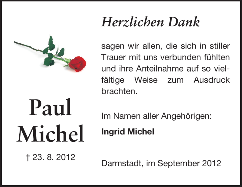  Traueranzeige für Paul Michel vom 15.09.2012 aus Echo-Zeitungen (Gesamtausgabe)
