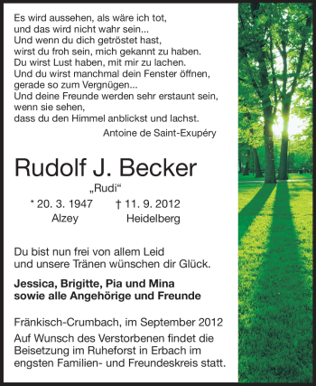 Traueranzeige von Rudolf Becker von Echo-Zeitungen (Gesamtausgabe)