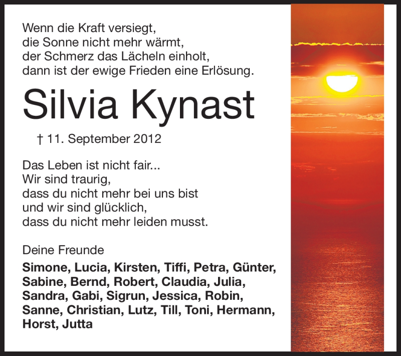  Traueranzeige für Silvia Kynast vom 15.09.2012 aus Echo-Zeitungen (Gesamtausgabe)