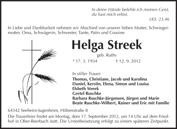 Traueranzeige von Helga Streek von Echo-Zeitungen (Gesamtausgabe)