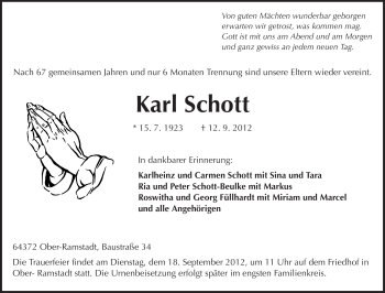 Traueranzeige von Karl Schott von Echo-Zeitungen (Gesamtausgabe)