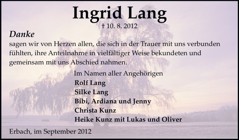  Traueranzeige für Ingrid Lang vom 15.09.2012 aus Odenwälder Echo