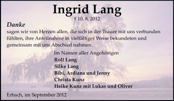 Traueranzeige von Ingrid Lang von Odenwälder Echo