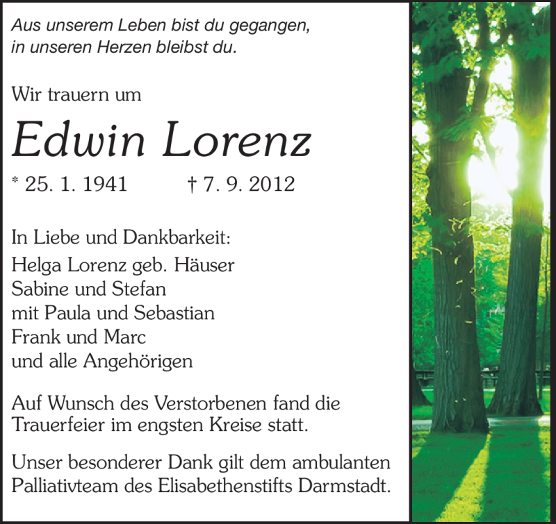  Traueranzeige für Edwin Lorenz vom 19.09.2012 aus Darmstädter Echo, Odenwälder Echo, Rüsselsheimer Echo, Groß-Gerauer-Echo, Ried Echo