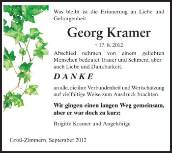 Traueranzeige von Georg Kramer von Echo-Zeitungen (Gesamtausgabe)