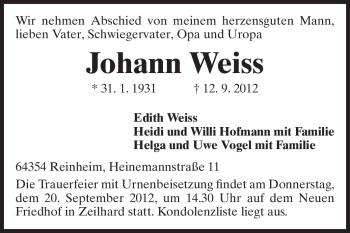 Traueranzeige von Johann Weiss von Echo-Zeitungen (Gesamtausgabe)