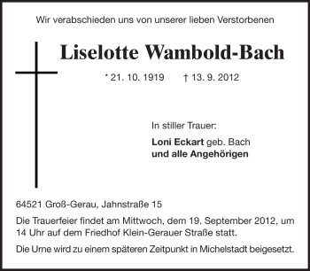 Traueranzeige von Lieselotte Wambold-Bach von Rüsselsheimer Echo, Groß-Gerauer-Echo, Ried Echo
