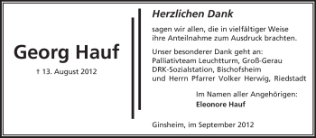 Traueranzeige von Georg Hauf von Rüsselsheimer Echo, Groß-Gerauer-Echo, Ried Echo