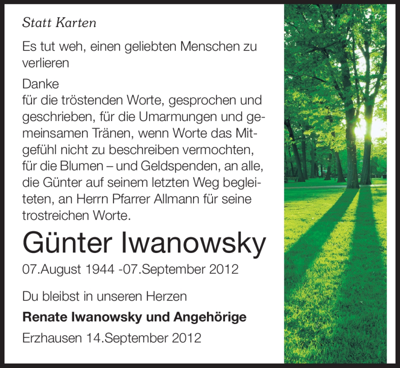  Traueranzeige für Günter Iwanowsky vom 15.09.2012 aus Echo-Zeitungen (Gesamtausgabe)