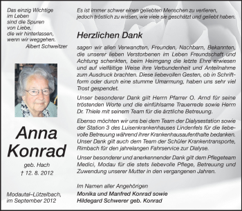 Traueranzeige von Anna Konrad von Echo-Zeitungen (Gesamtausgabe)