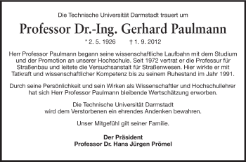 Traueranzeige von Gerhard Paulmann von Echo-Zeitungen (Gesamtausgabe)