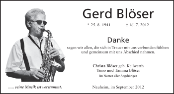 Traueranzeige von Gerd Blöser von Rüsselsheimer Echo, Groß-Gerauer-Echo, Ried Echo