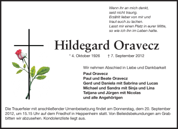 Traueranzeige von Hildegard Oravecz von Starkenburger Echo