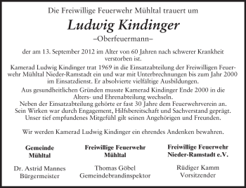Traueranzeige von Ludwig Kindinger von Echo-Zeitungen (Gesamtausgabe)