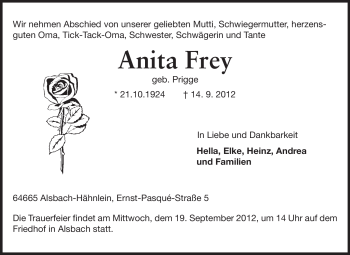 Traueranzeige von Anita Frey von Echo-Zeitungen (Gesamtausgabe)
