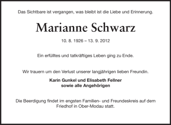 Traueranzeige von Marianne Schwarz von Echo-Zeitungen (Gesamtausgabe)