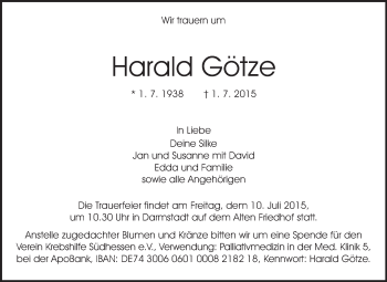 Traueranzeige von Harald Götze von Echo-Zeitungen (Gesamtausgabe)