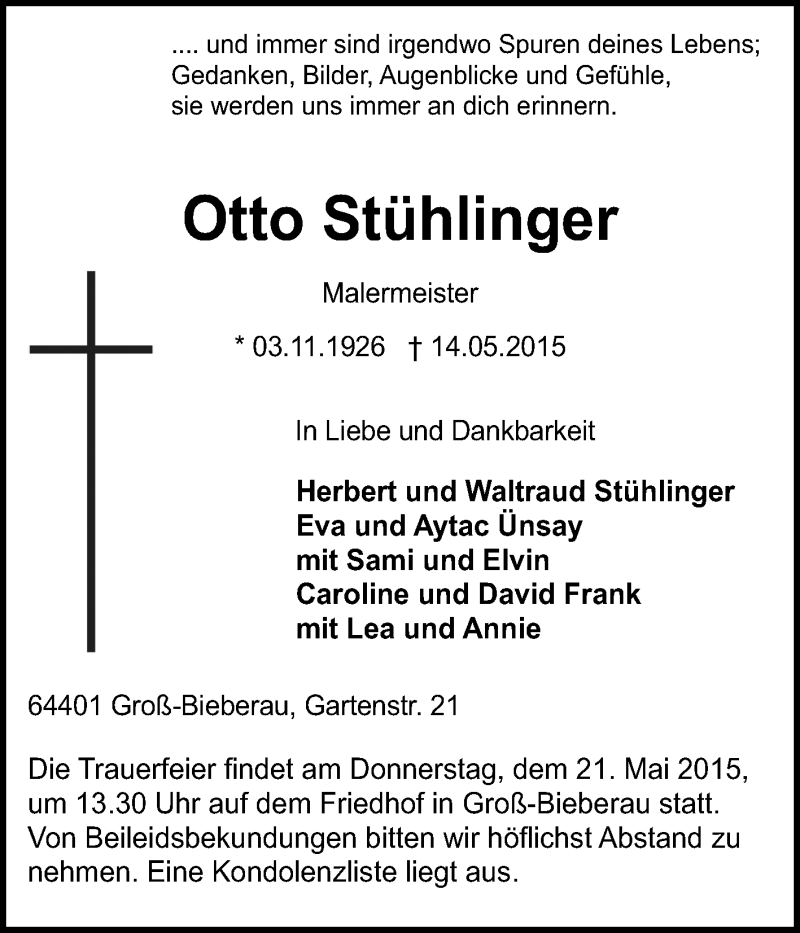  Traueranzeige für Otto Stühlinger vom 19.05.2015 aus Echo-Zeitungen (Gesamtausgabe)