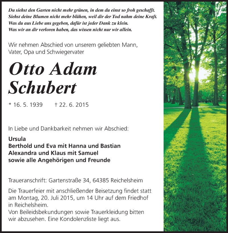  Traueranzeige für Otto Adam Schubert vom 18.07.2015 aus Echo-Zeitungen (Gesamtausgabe)