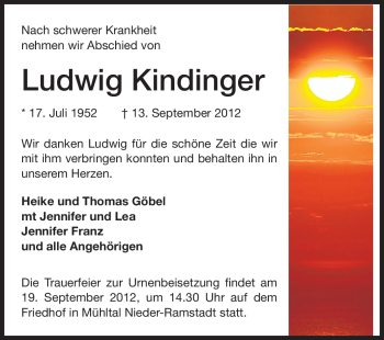 Traueranzeige von Ludwig Kindinger von Echo-Zeitungen (Gesamtausgabe)