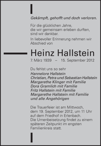 Traueranzeige von Heinz Hallstein von Starkenburger Echo