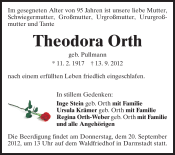 Traueranzeige von Theodora Orth von Echo-Zeitungen (Gesamtausgabe)