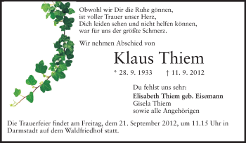 Traueranzeige von Klaus Thiem von Echo-Zeitungen (Gesamtausgabe)