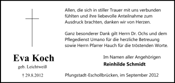 Traueranzeige von Eva Koch von Echo-Zeitungen (Gesamtausgabe)