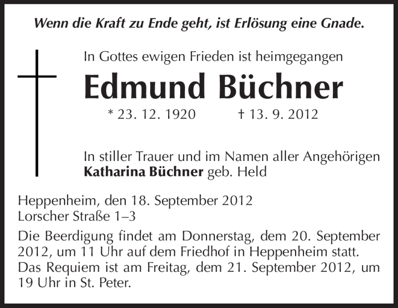  Traueranzeige für Edmund Büchner vom 18.09.2012 aus Starkenburger Echo