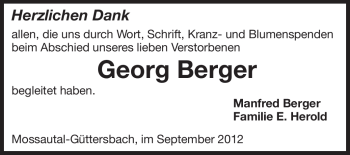 Traueranzeige von Georg Berger von Odenwälder Echo