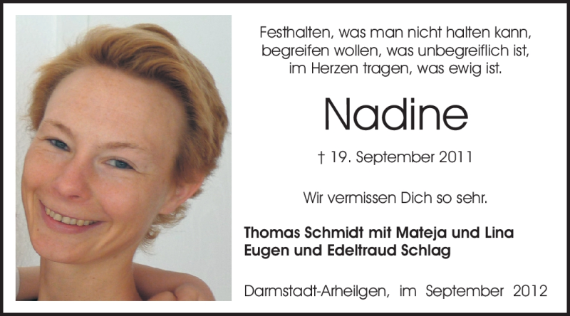  Traueranzeige für Nadine Schmidt vom 19.09.2012 aus Echo-Zeitungen (Gesamtausgabe)