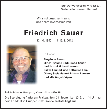 Traueranzeige von Friedrich Sauer von Odenwälder Echo