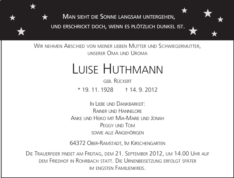  Traueranzeige für Luise Hutmann vom 19.09.2012 aus Darmstädter Echo, Odenwälder Echo, Rüsselsheimer Echo, Groß-Gerauer-Echo, Ried Echo