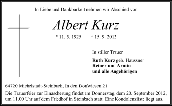 Traueranzeige von Albert Kurz von Odenwälder Echo