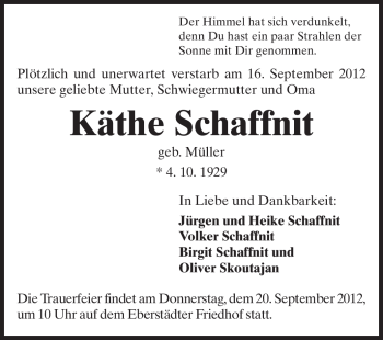 Traueranzeige von Käthe Schaffnit von Echo-Zeitungen (Gesamtausgabe)
