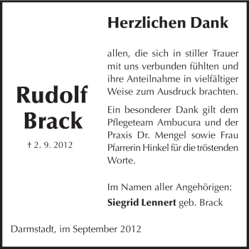Traueranzeige von Rudolf Brack von Echo-Zeitungen (Gesamtausgabe)