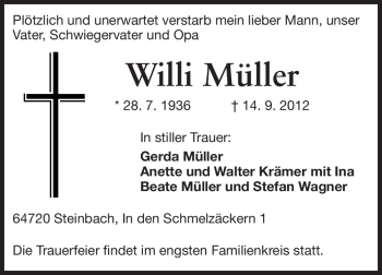 Traueranzeige von Willi Müller von Odenwälder Echo