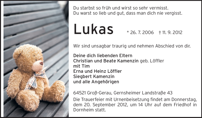  Traueranzeige für Lukas Kamenzin vom 19.09.2012 aus Rüsselsheimer Echo, Groß-Gerauer-Echo, Ried Echo