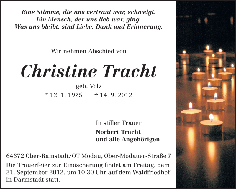  Traueranzeige für Christine Tracht vom 19.09.2012 aus Echo-Zeitungen (Gesamtausgabe)