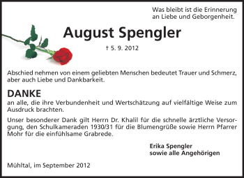 Traueranzeige von August Spengler von Echo-Zeitungen (Gesamtausgabe)