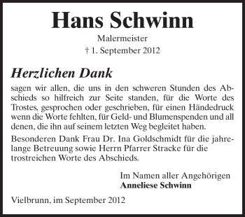 Traueranzeige von Hans Schwinn von Odenwälder Echo