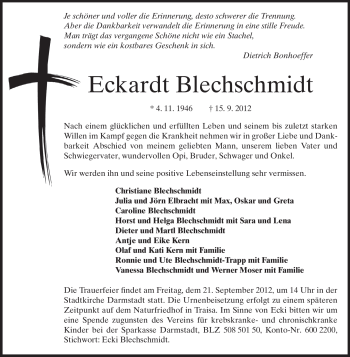 Traueranzeige von Eckardt Blechschmidt von Echo-Zeitungen (Gesamtausgabe)