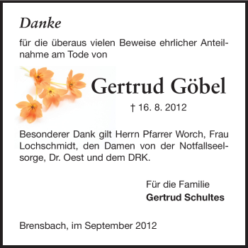 Traueranzeige von Gertrud Göbel von Echo-Zeitungen (Gesamtausgabe)