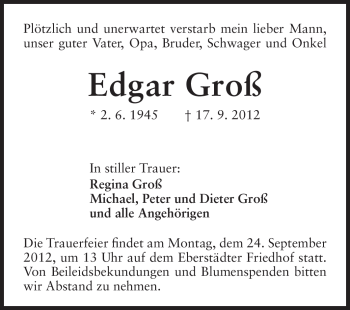 Traueranzeige von Edgar Groß von Echo-Zeitungen (Gesamtausgabe)